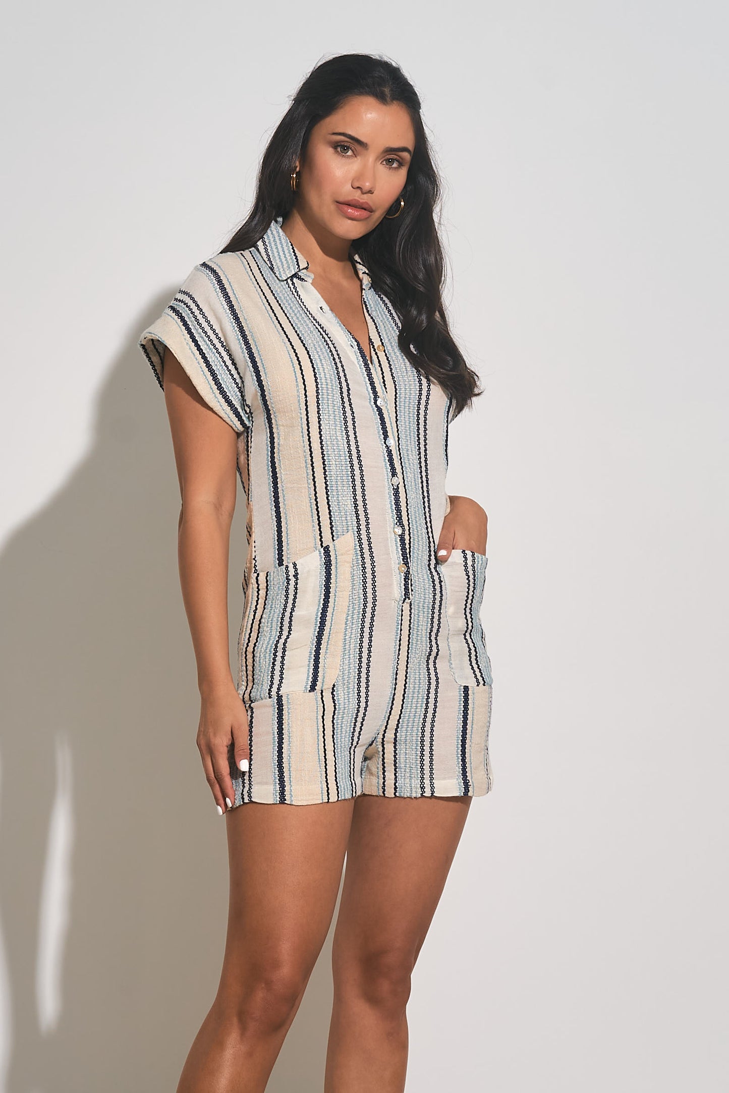 Short Sleeve Button-Down Romper with Front Pockets - Natural/Blue Stripe