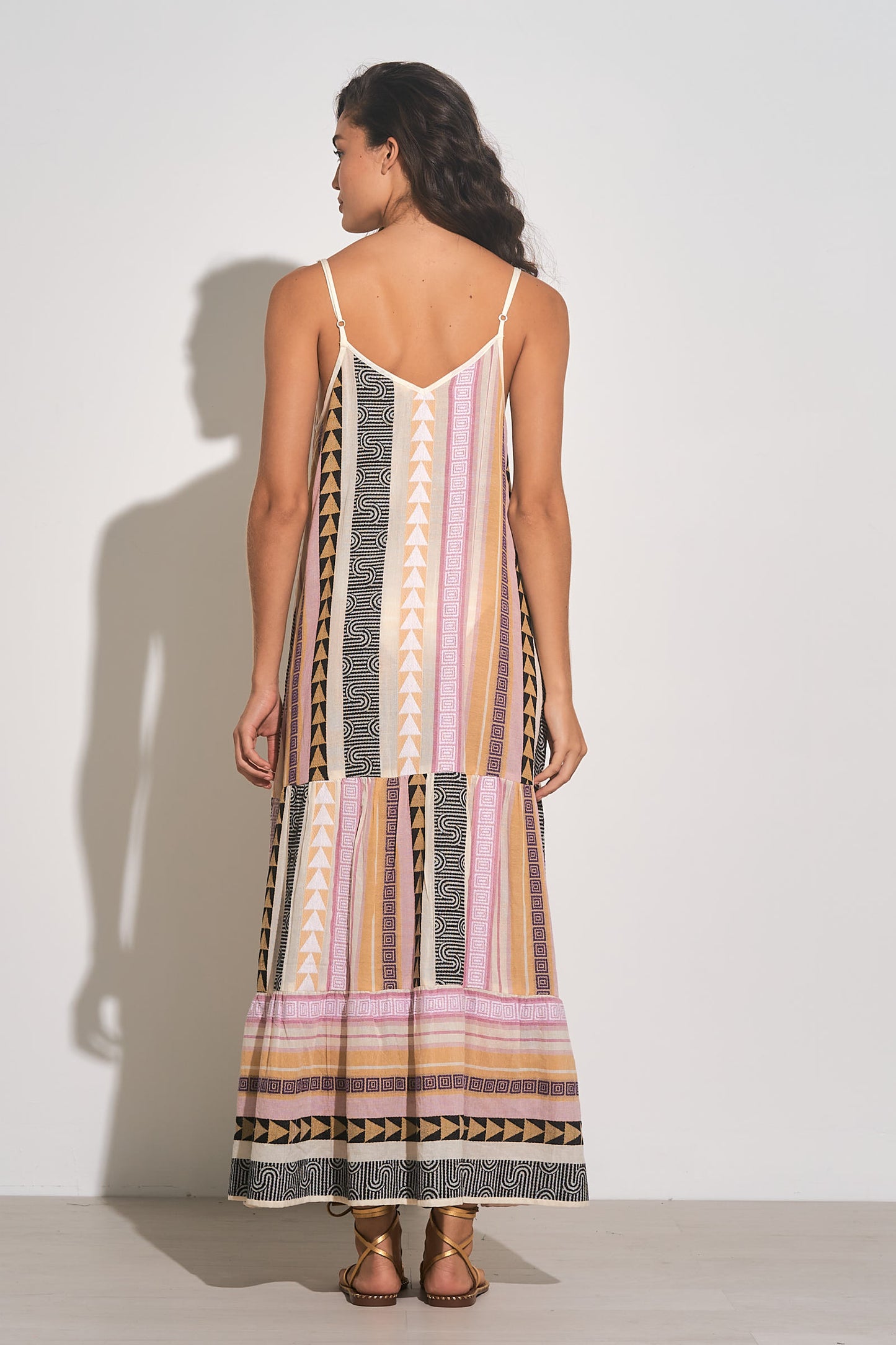 Spaghetti Strap Tiered Maxi Dress - Tan/Pink
