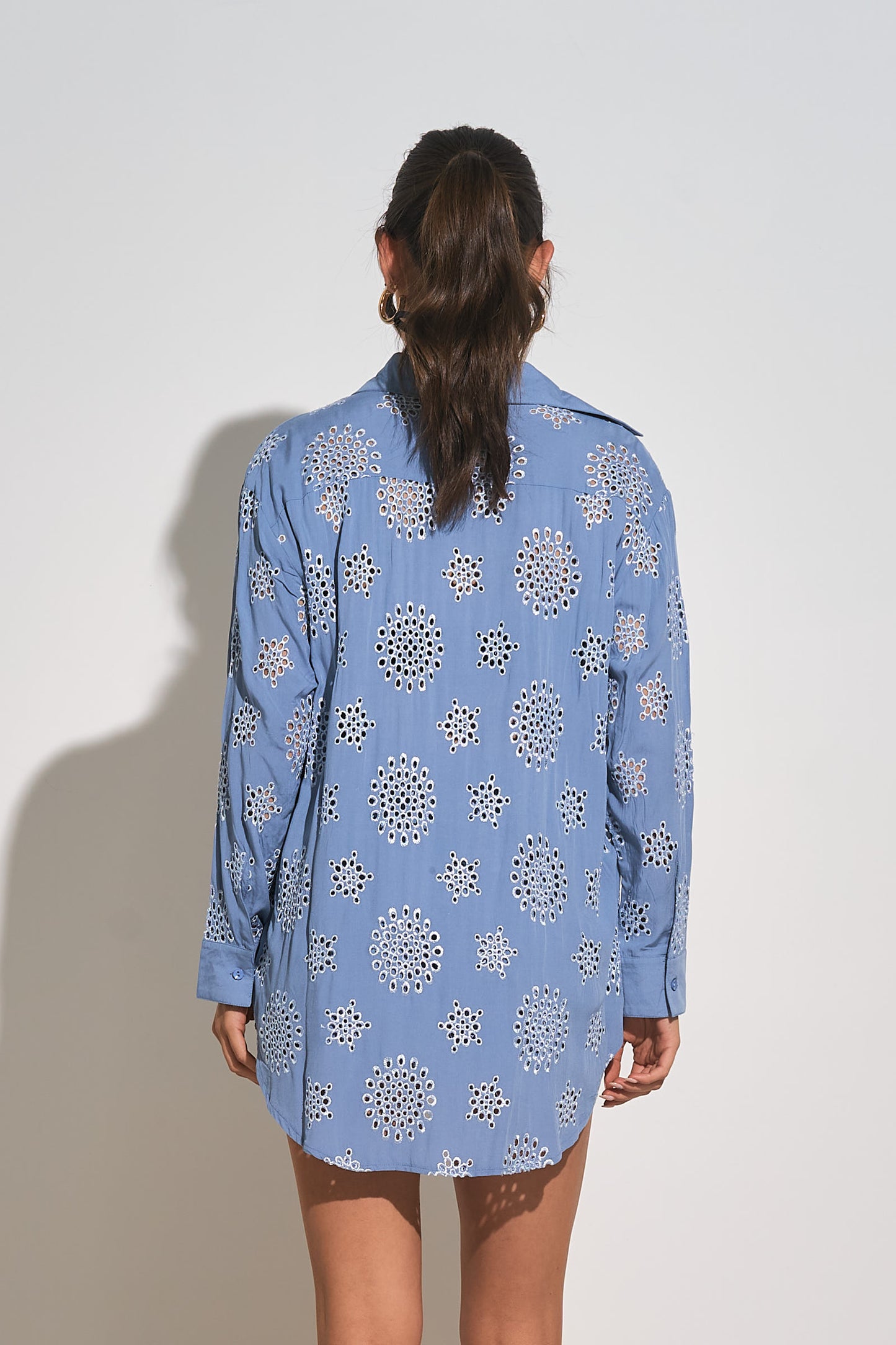 Long Sleeve Button-Down Eyelet Shirt Coverup - Blue