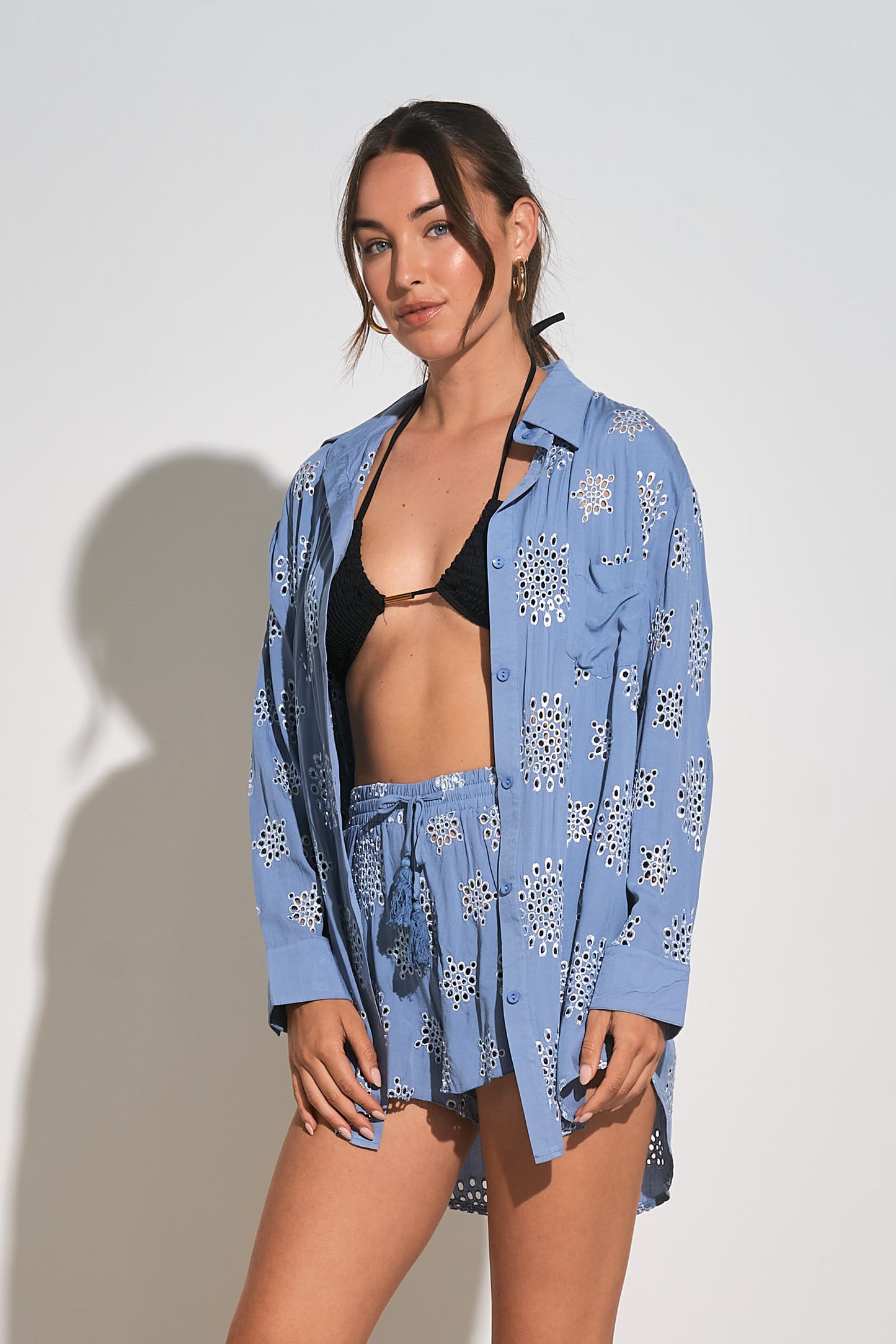 Long Sleeve Button-Down Eyelet Shirt Coverup - Blue