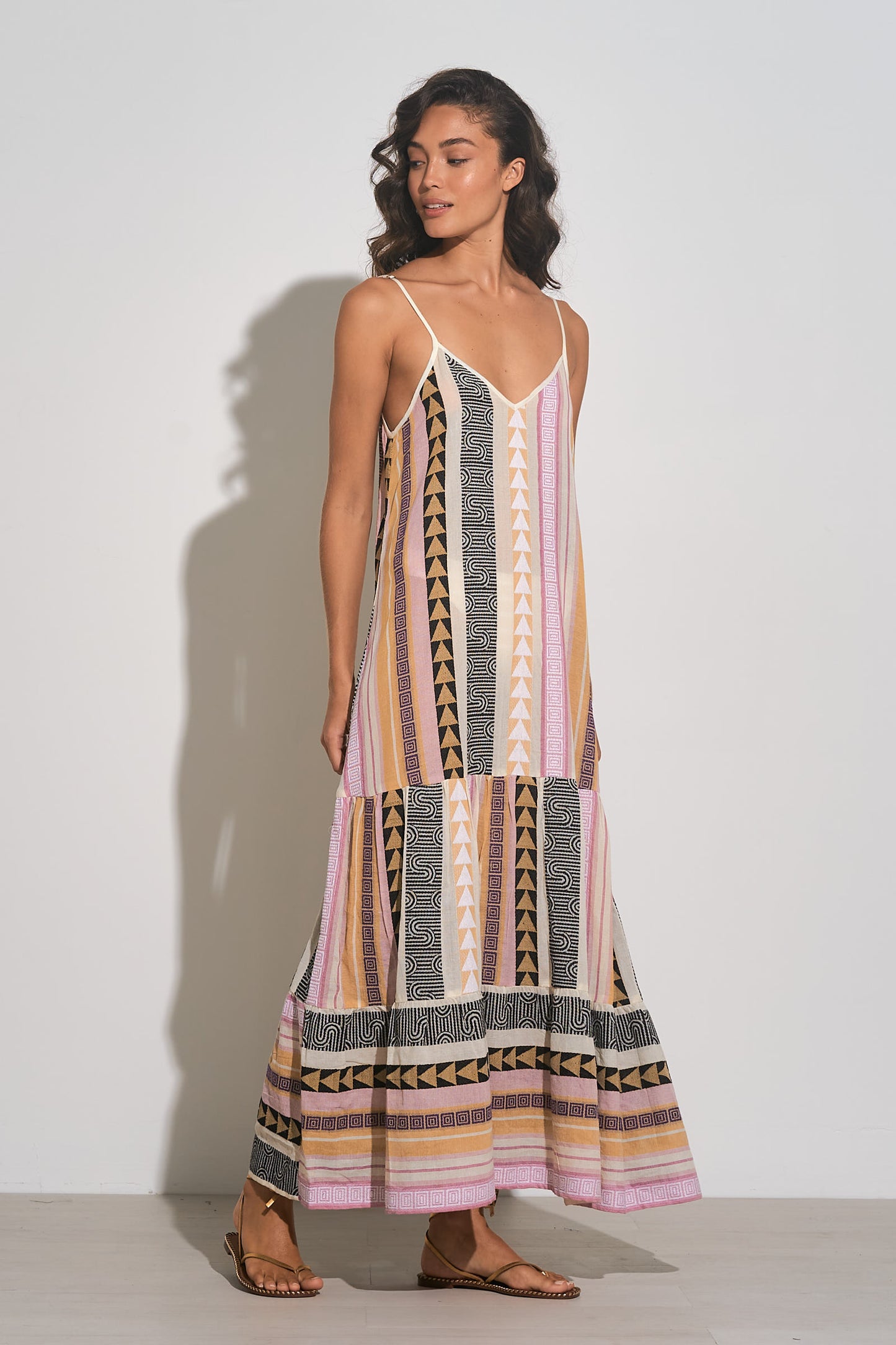 Spaghetti Strap Tiered Maxi Dress - Tan/Pink