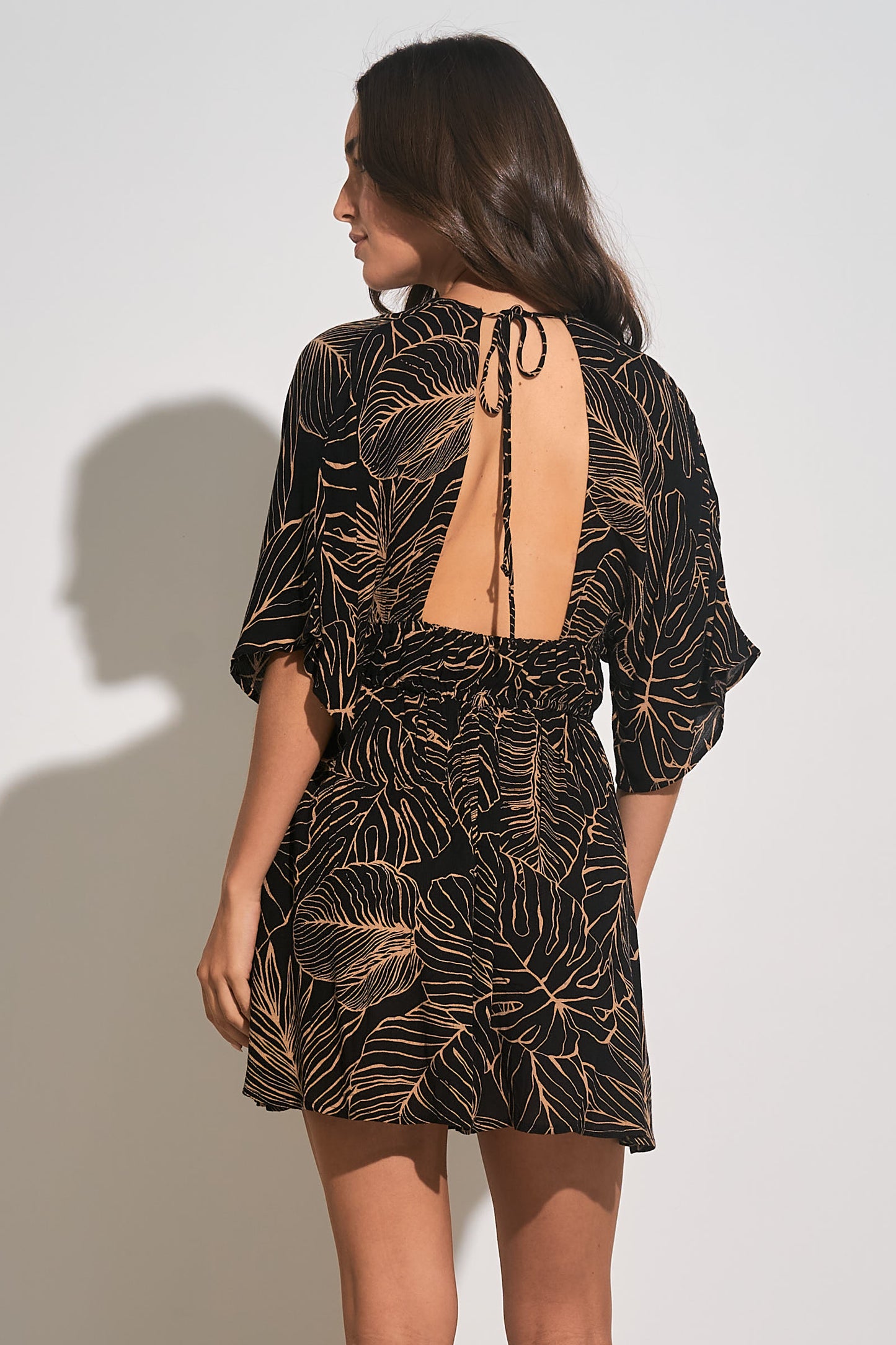3/4 Sleeve V-Neck Mini Dress - Black/Natural Tropic