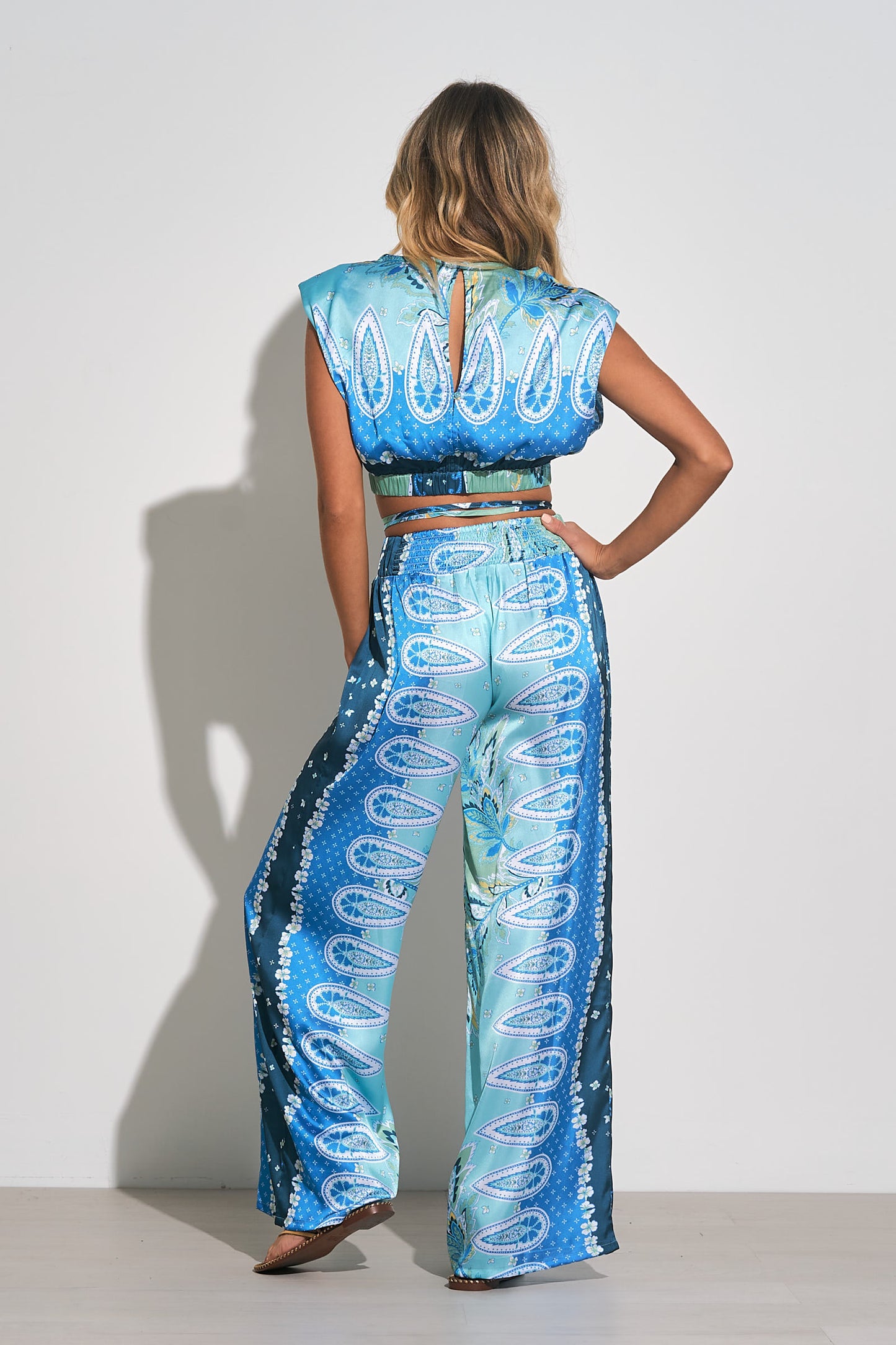 Wide Leg Satin Pants - Blue Bali