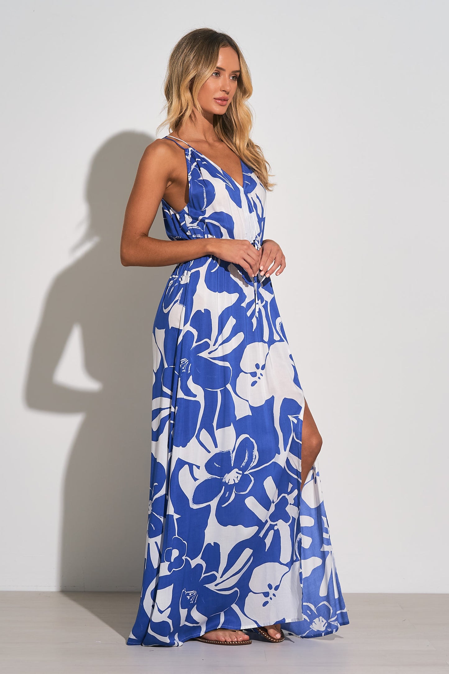 V-Neck Tie Back Maxi Dress - Blue Hibiscus