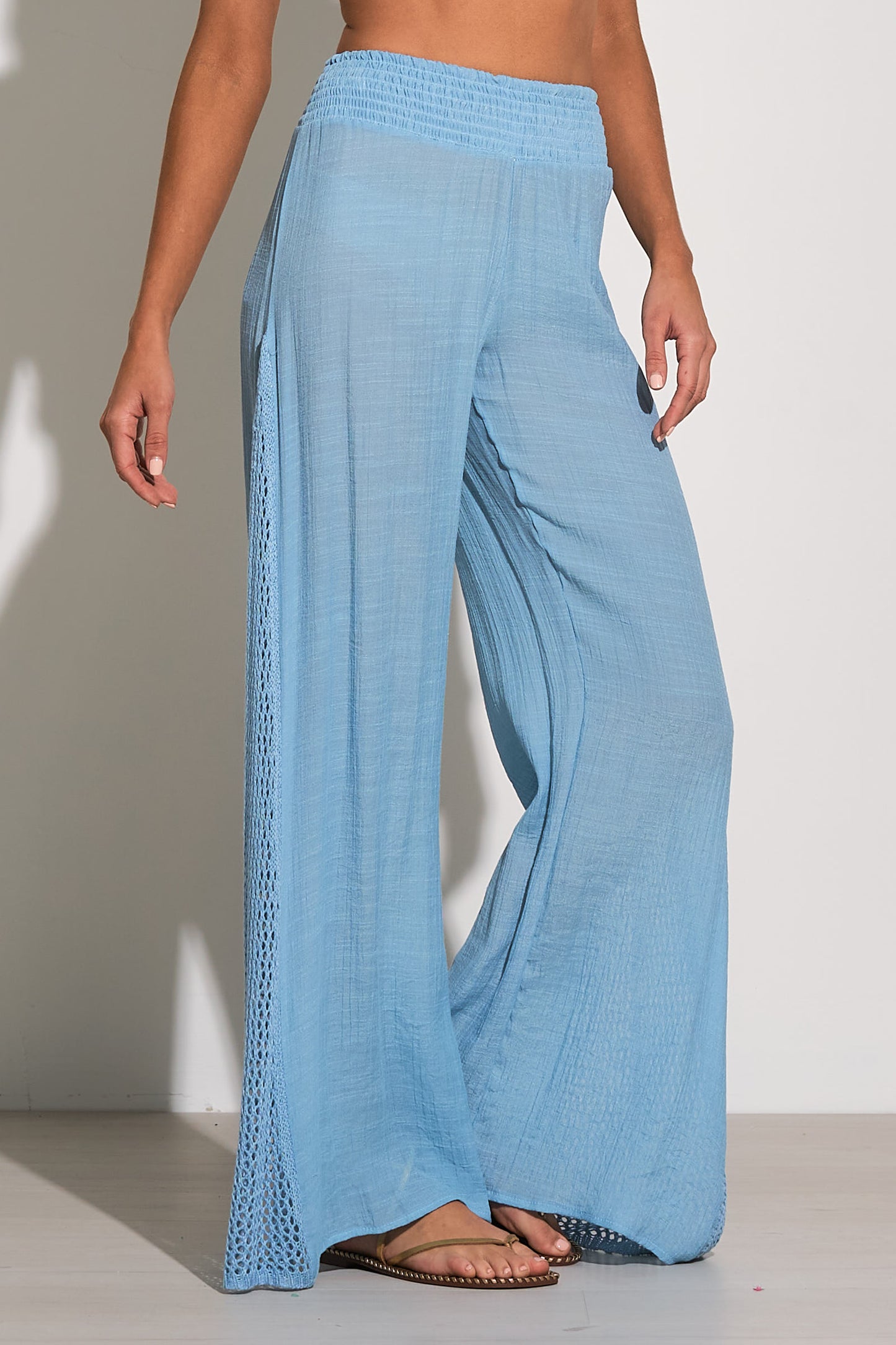 Wide Leg Pants with Crochet Sides - Light Blue