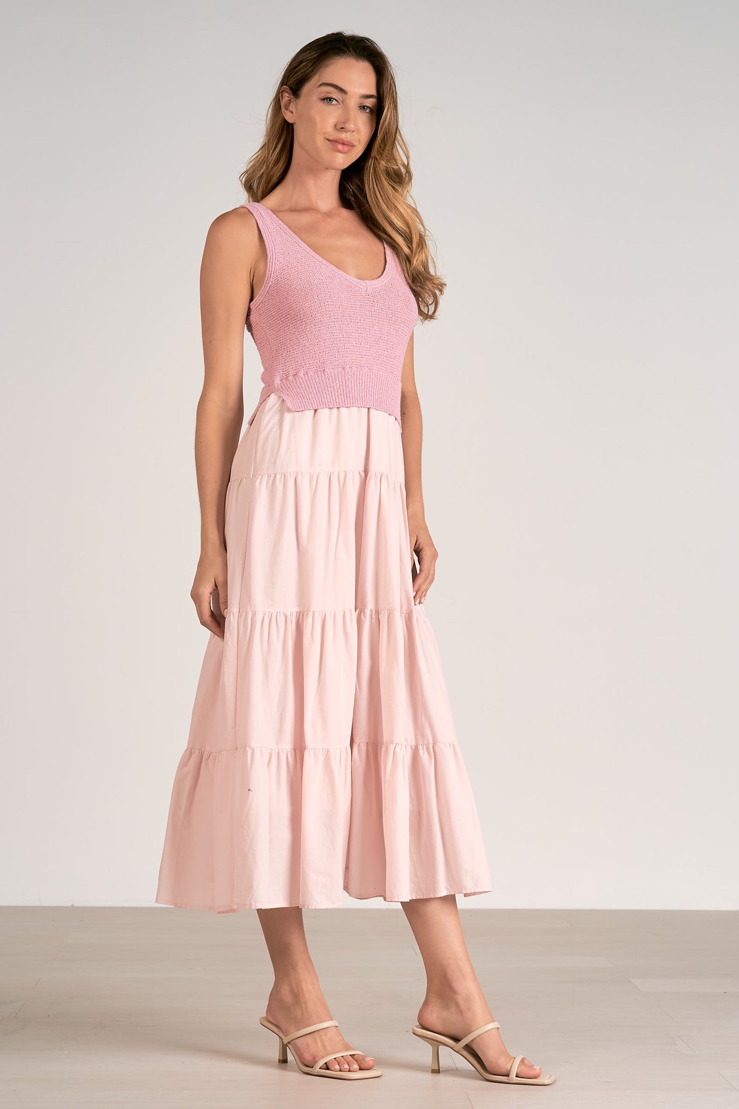 Knit Tank and Woven Tiered Midi Skirt Dress - Lilac & Purple