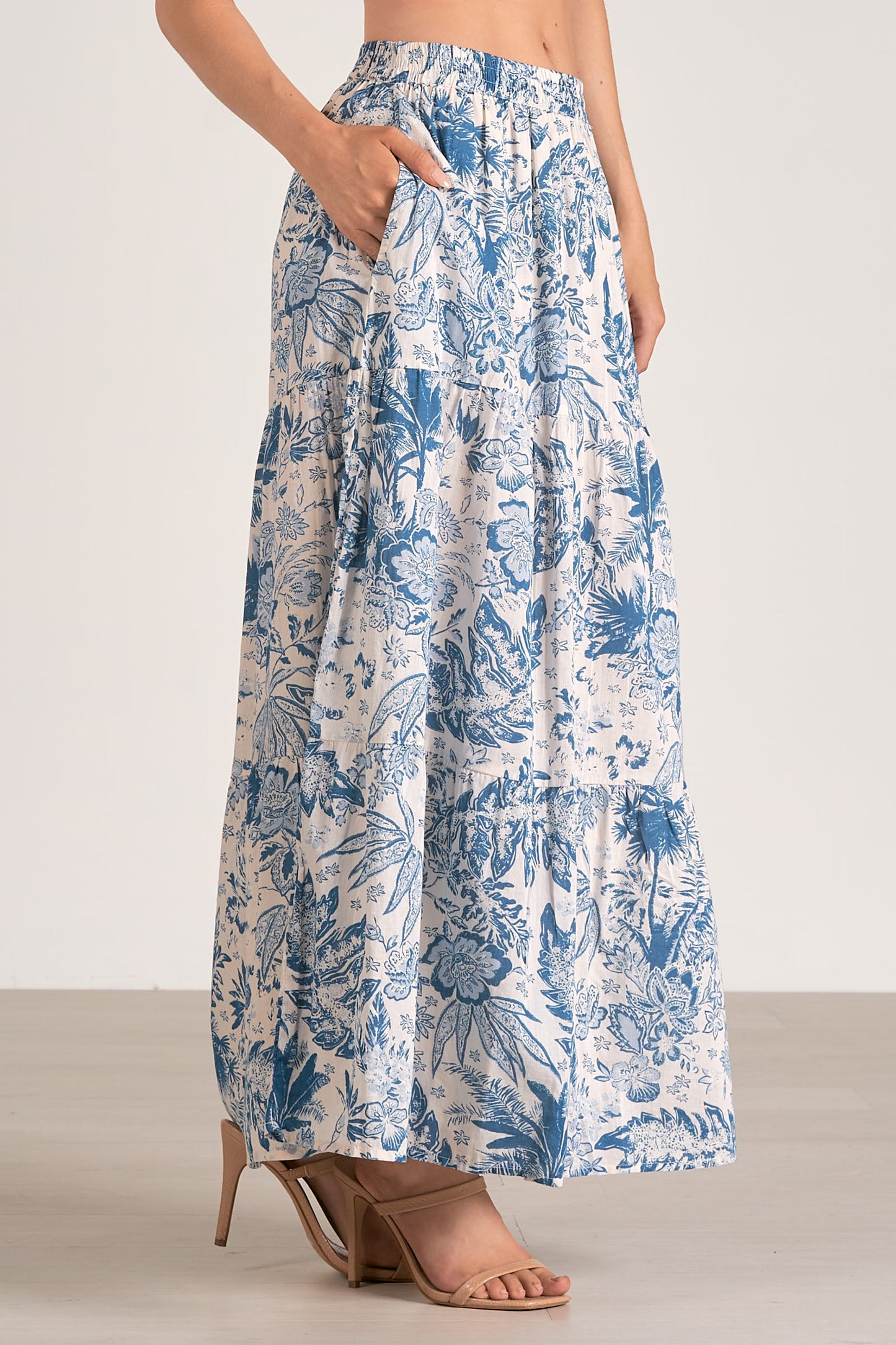 Tiered Maxi Skirt - Blue Leafy Floral