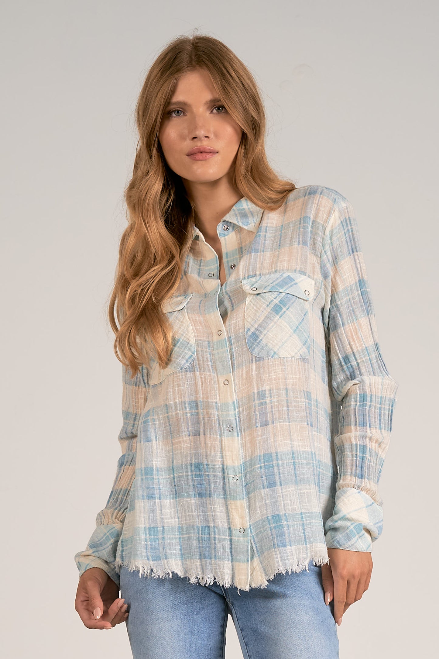 Button Down LS Shirt with Button Pockets - White/Blue Plaid