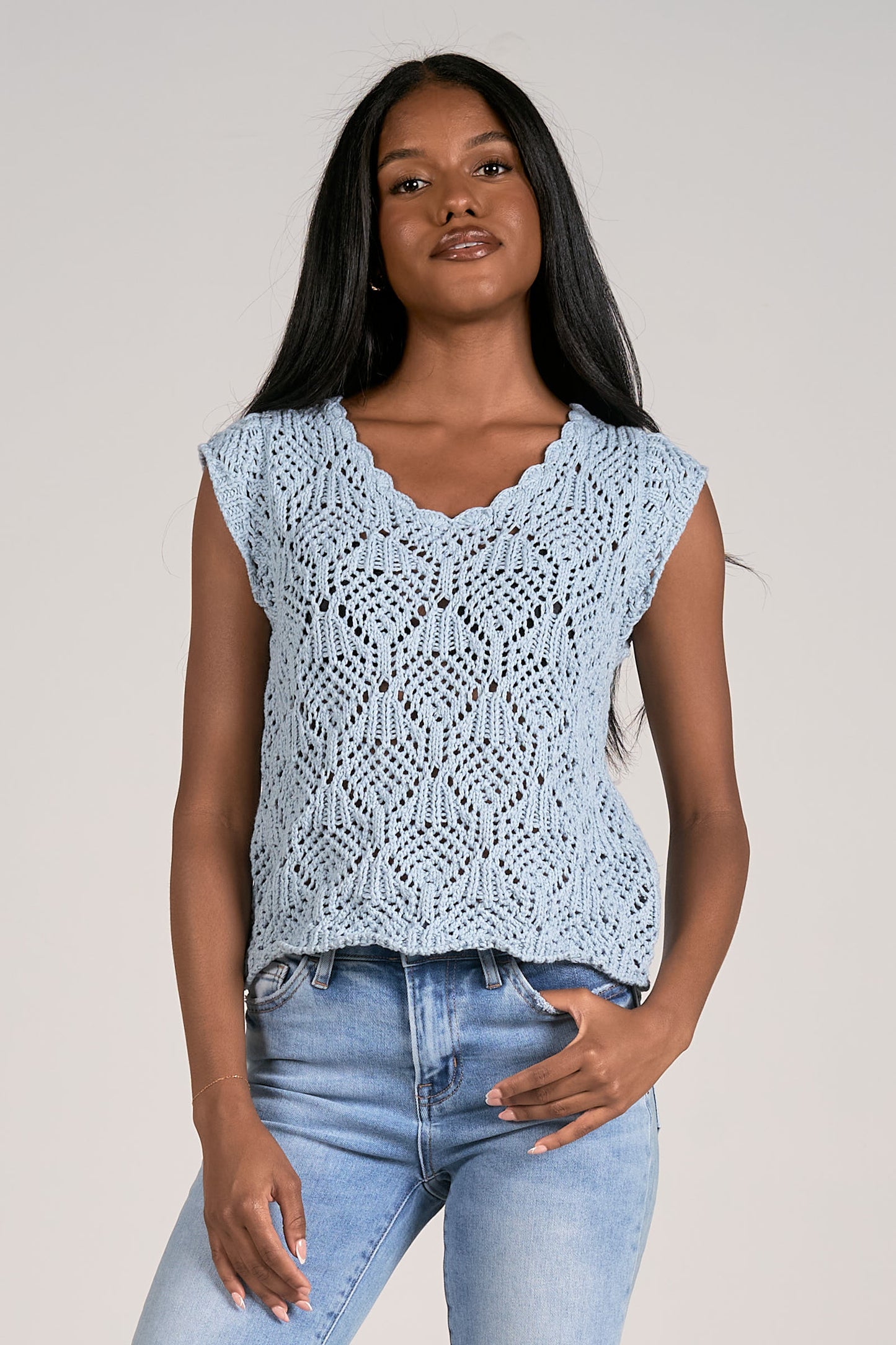Cap Sleeve Crochet Sweater Tank Top - Blue