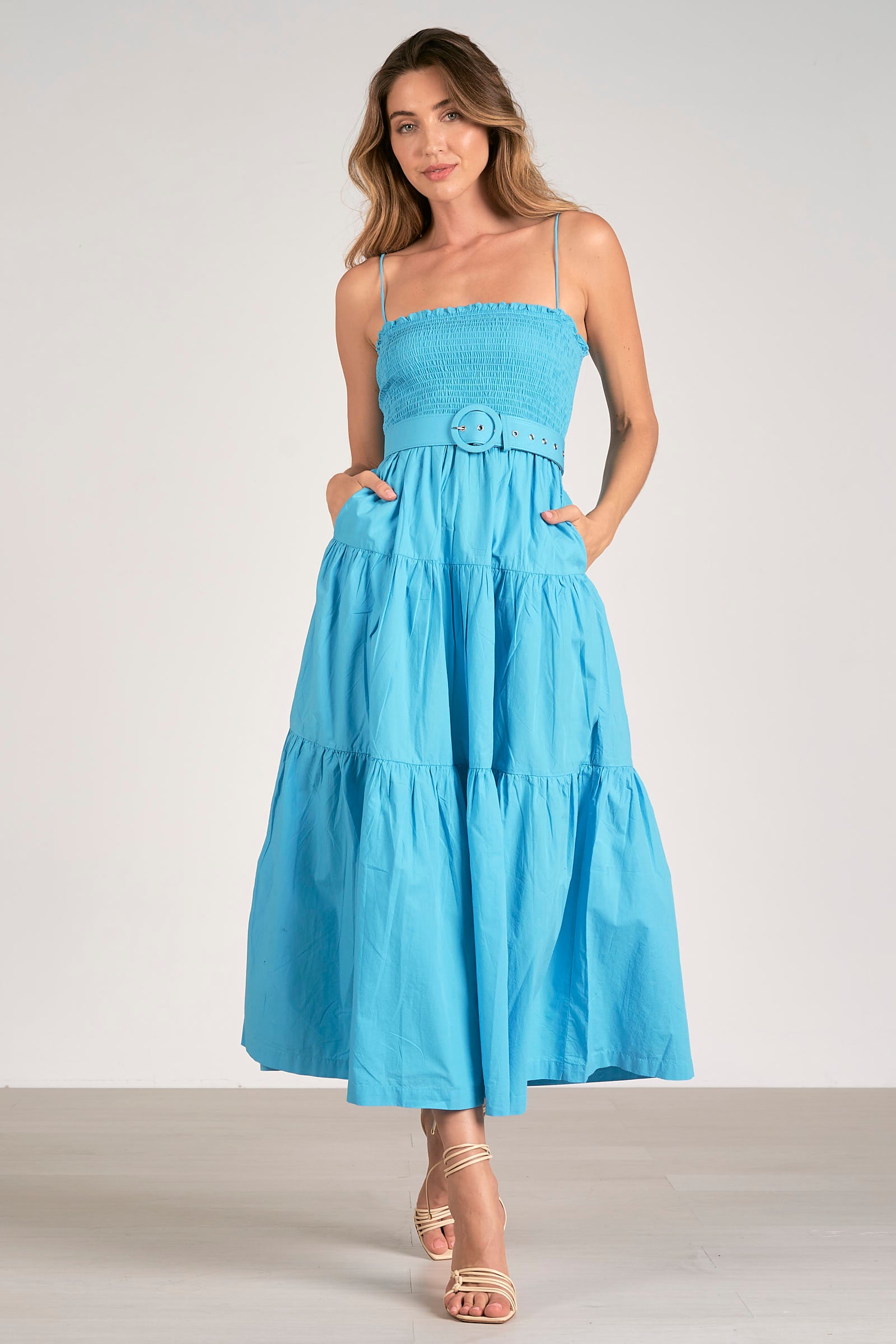 Spaghetti Strap Tiered Midi Dress with Belt
