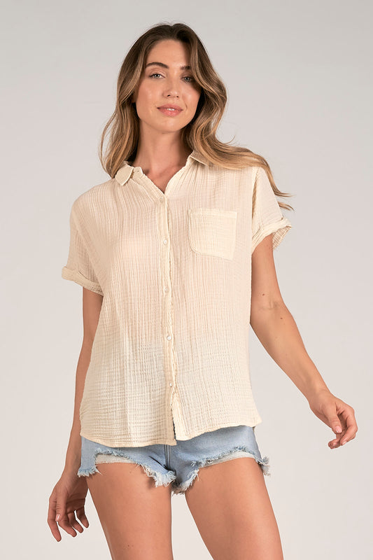 Short Sleeve Button-Down Shirt with Pocket - Cream