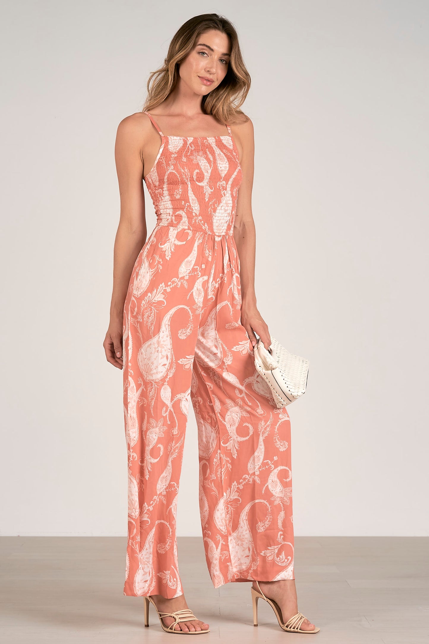 Spaghetti Strap Jumpsuit with Smocked Top - Coral Rio