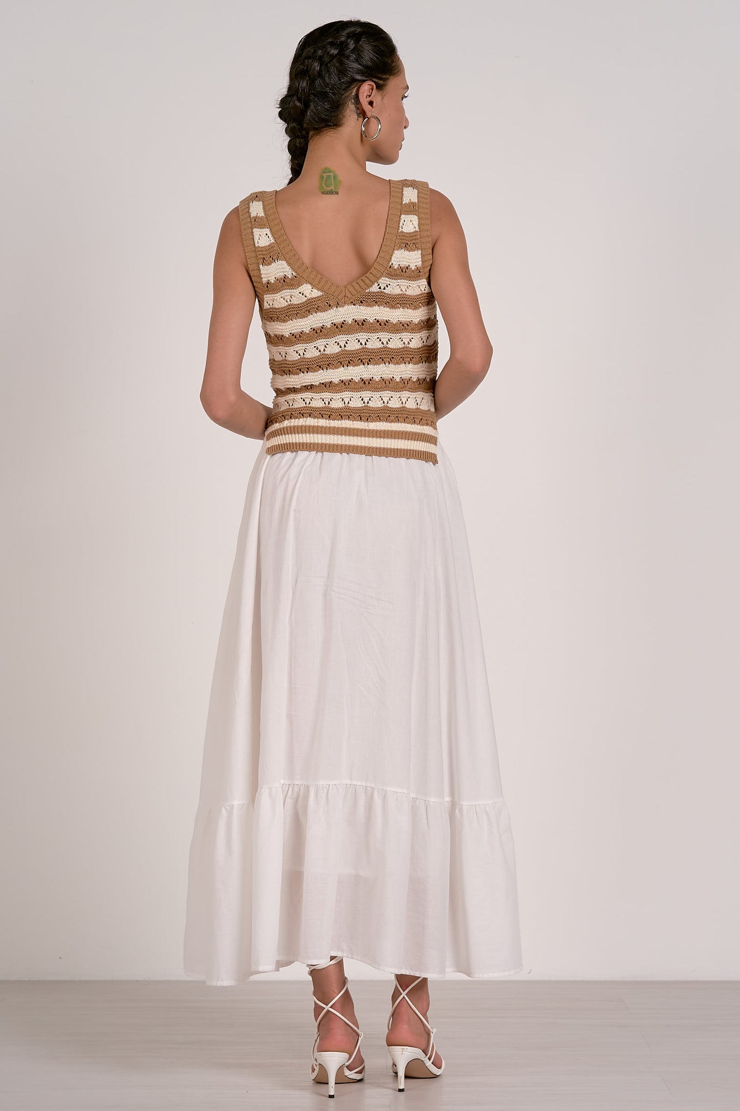 Knit Tank and Woven Skirt Midi Dress - White/Tan Stripe