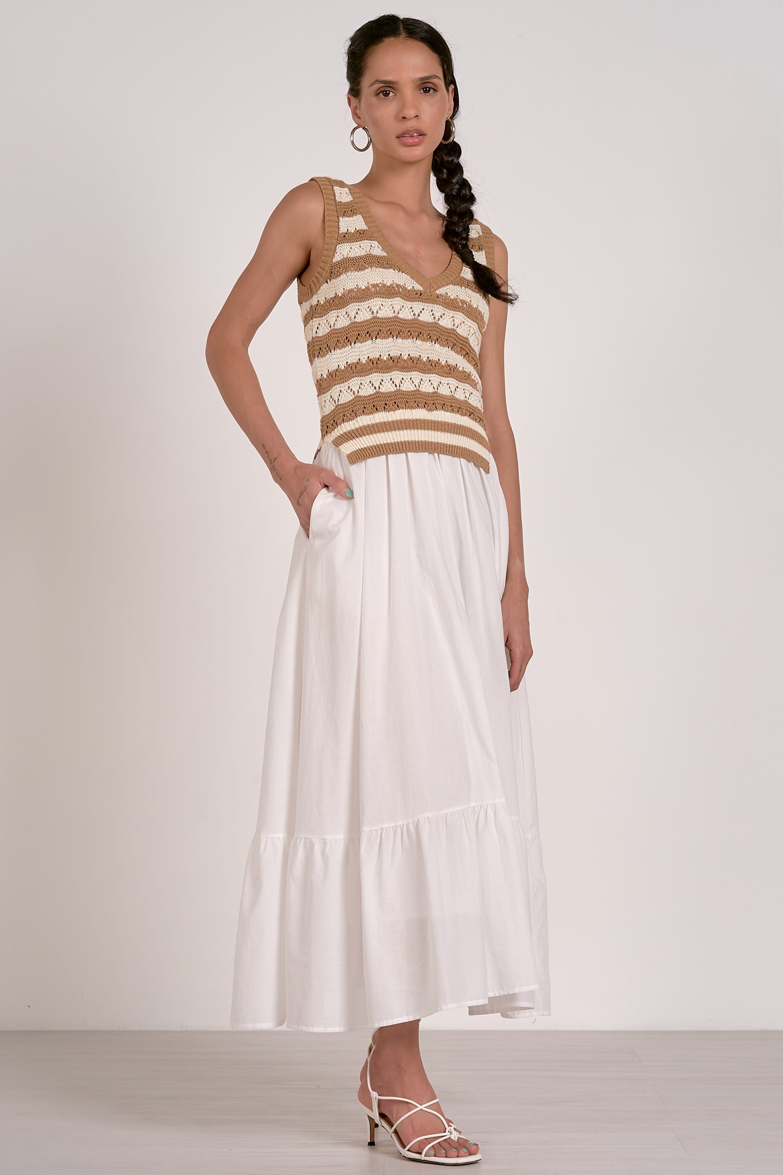 Autumn Knit Dress White Tan Combo / L Autumn Knit Dress White Tan Combo / L