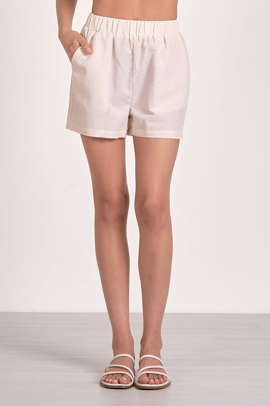Shorts with Elastic Waistband - Tan Seersucker