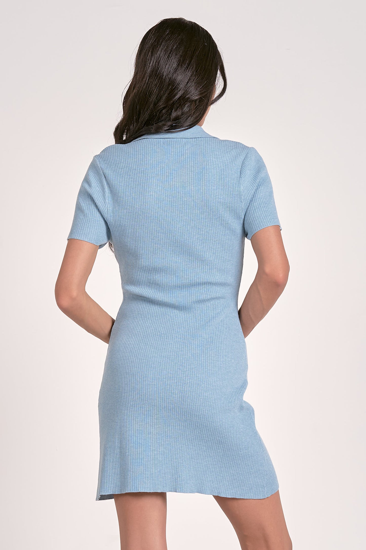 V-Neck Mini Dress with Collar - Faded Blue