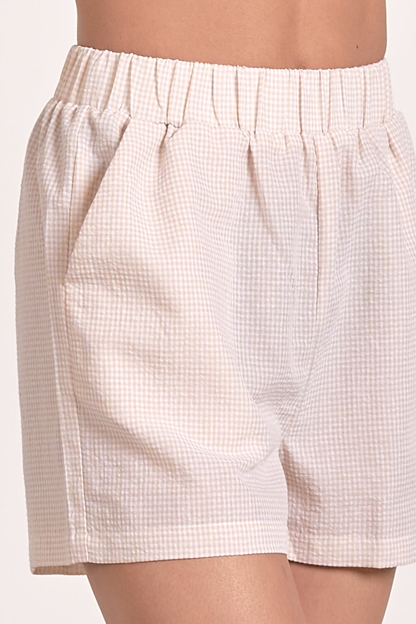 Shorts with Elastic Waistband - Tan Seersucker