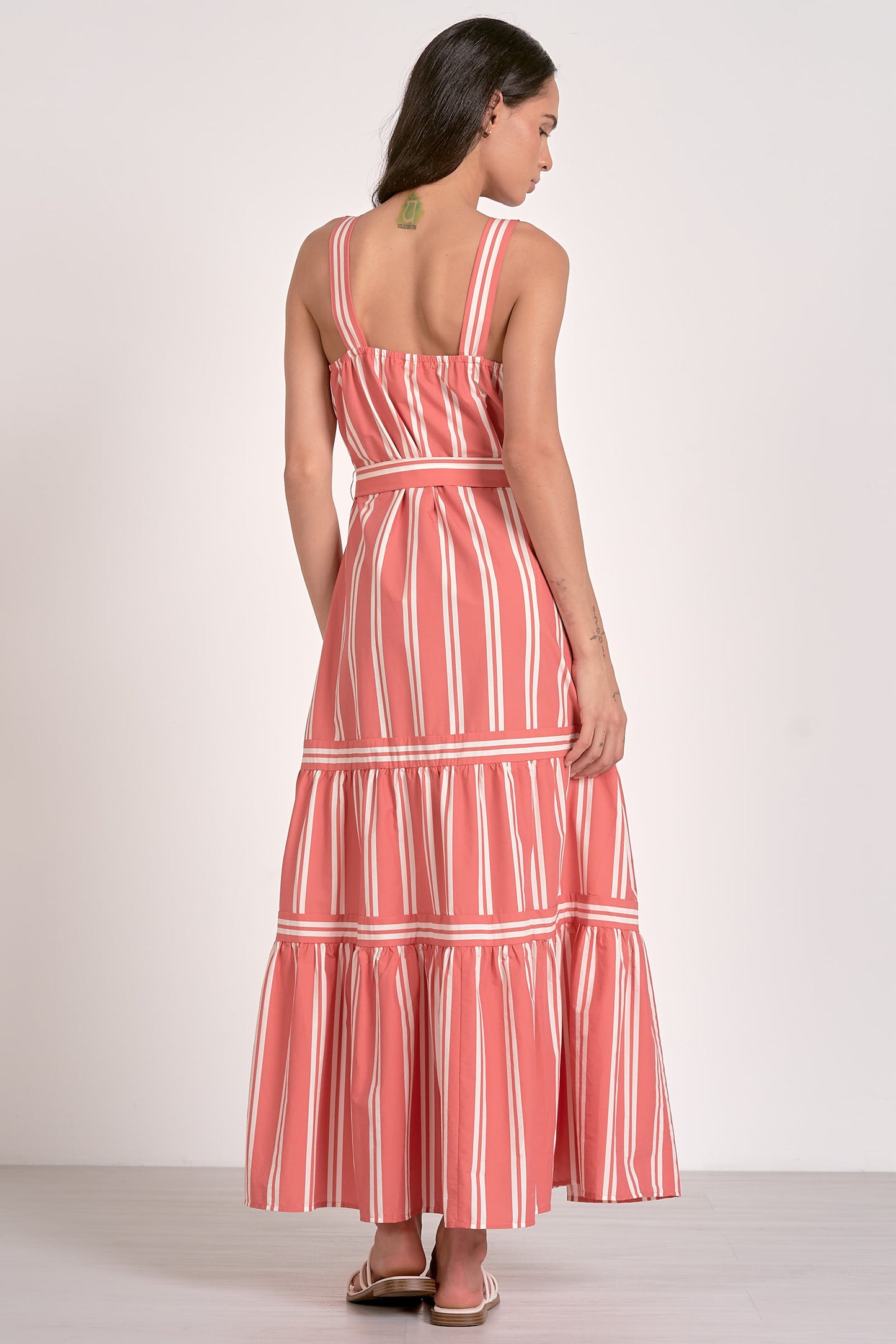 Tiered Maxi Dress with Belt - Coral Stripe