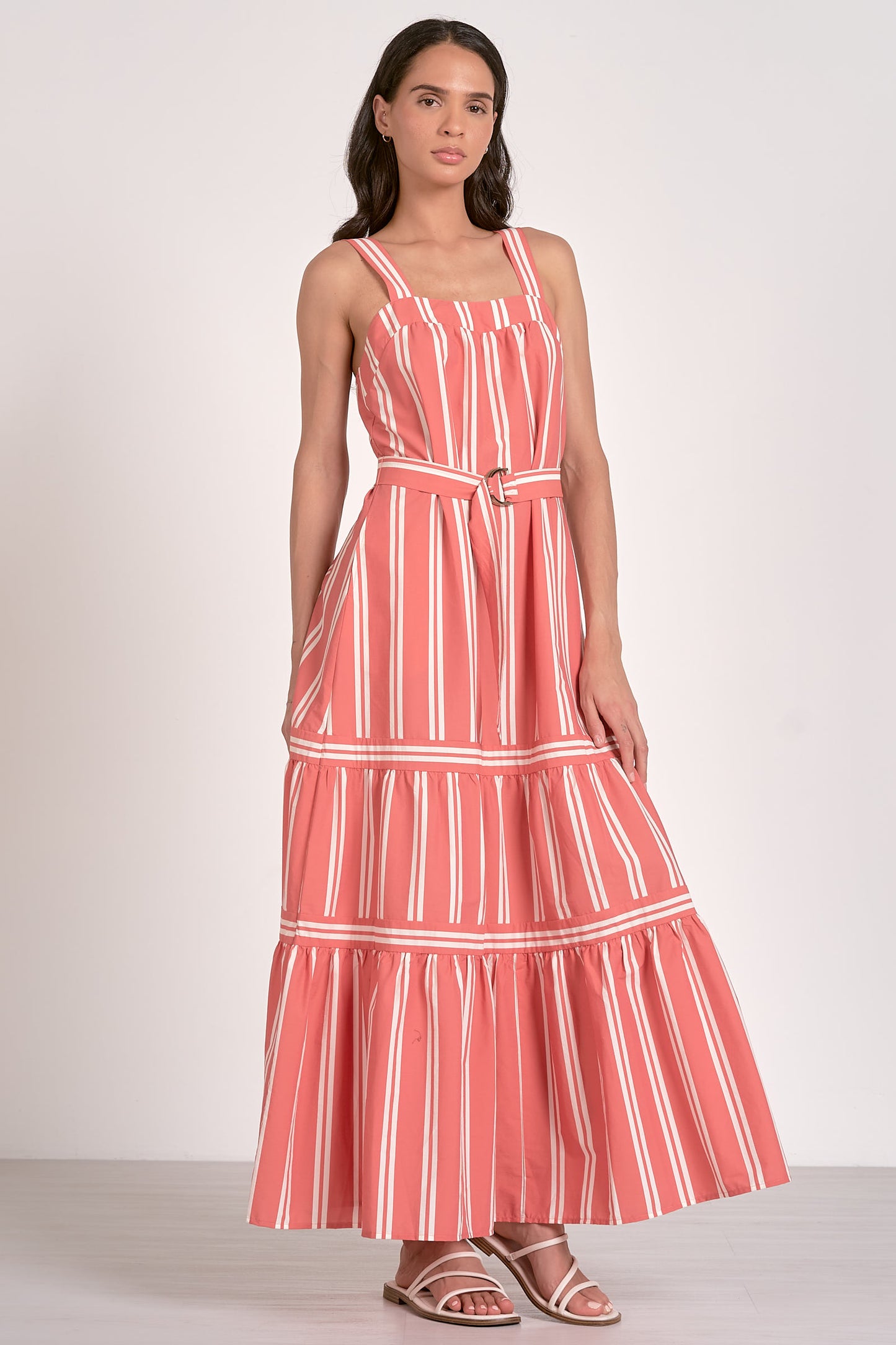 Tiered Maxi Dress with Belt - Coral Stripe