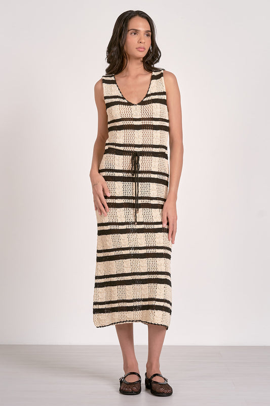 Spagetti Strap Crochet Midi Dress - Natural Black