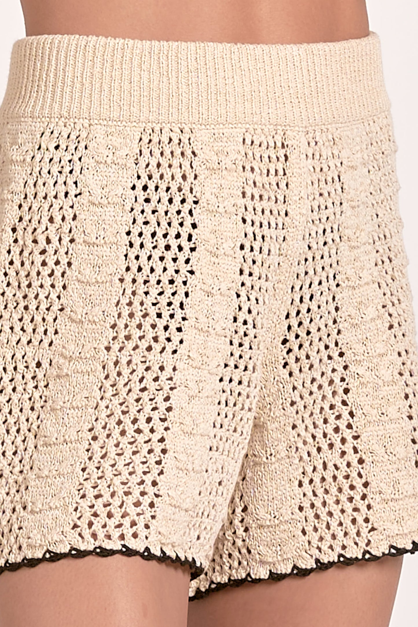 Flowy Crochet Shorts with Elastic Waistband - Natural With Black Trim