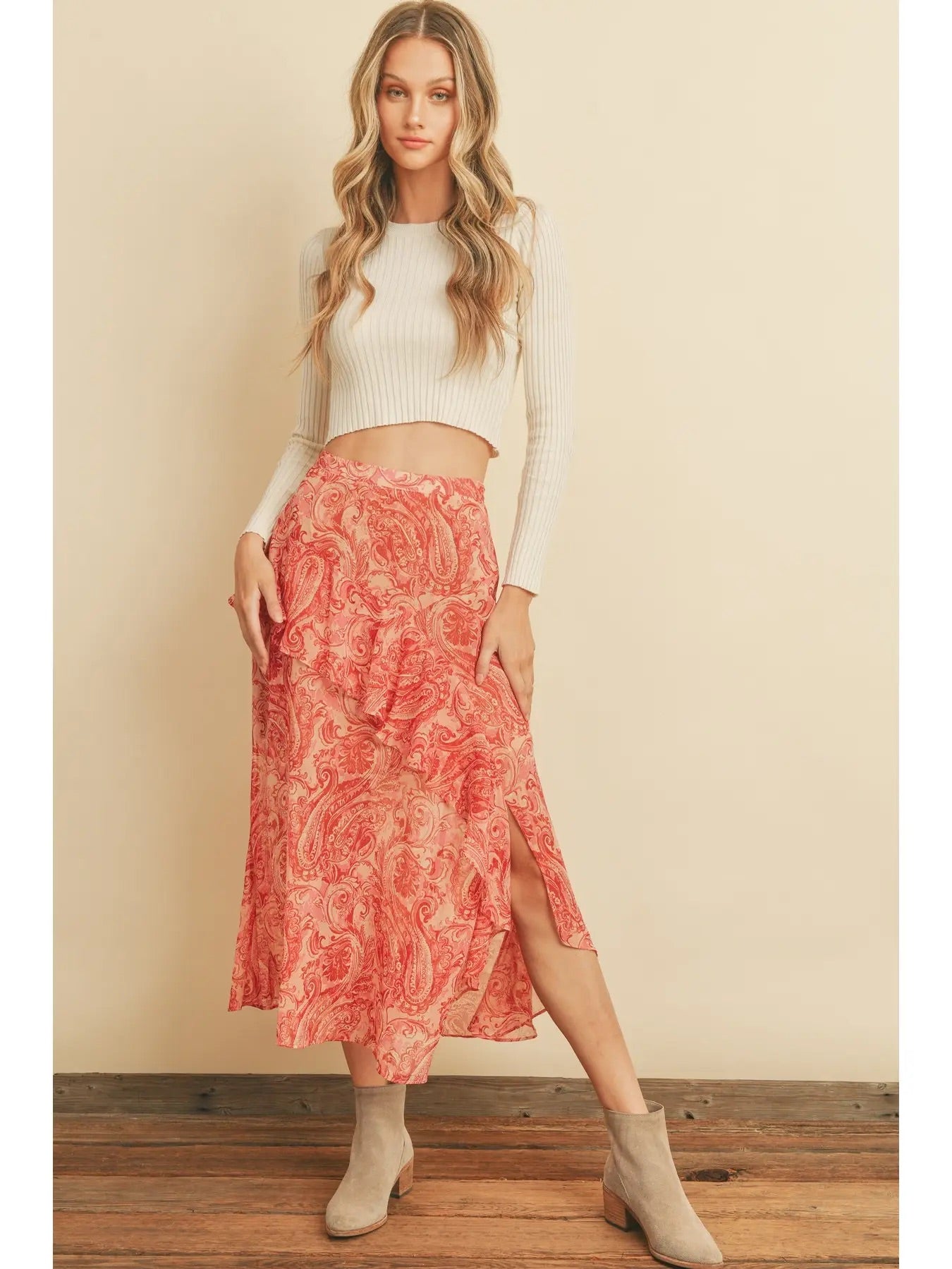 Love Lane Diagonal Ruffled Midi Skirt - Fiesta