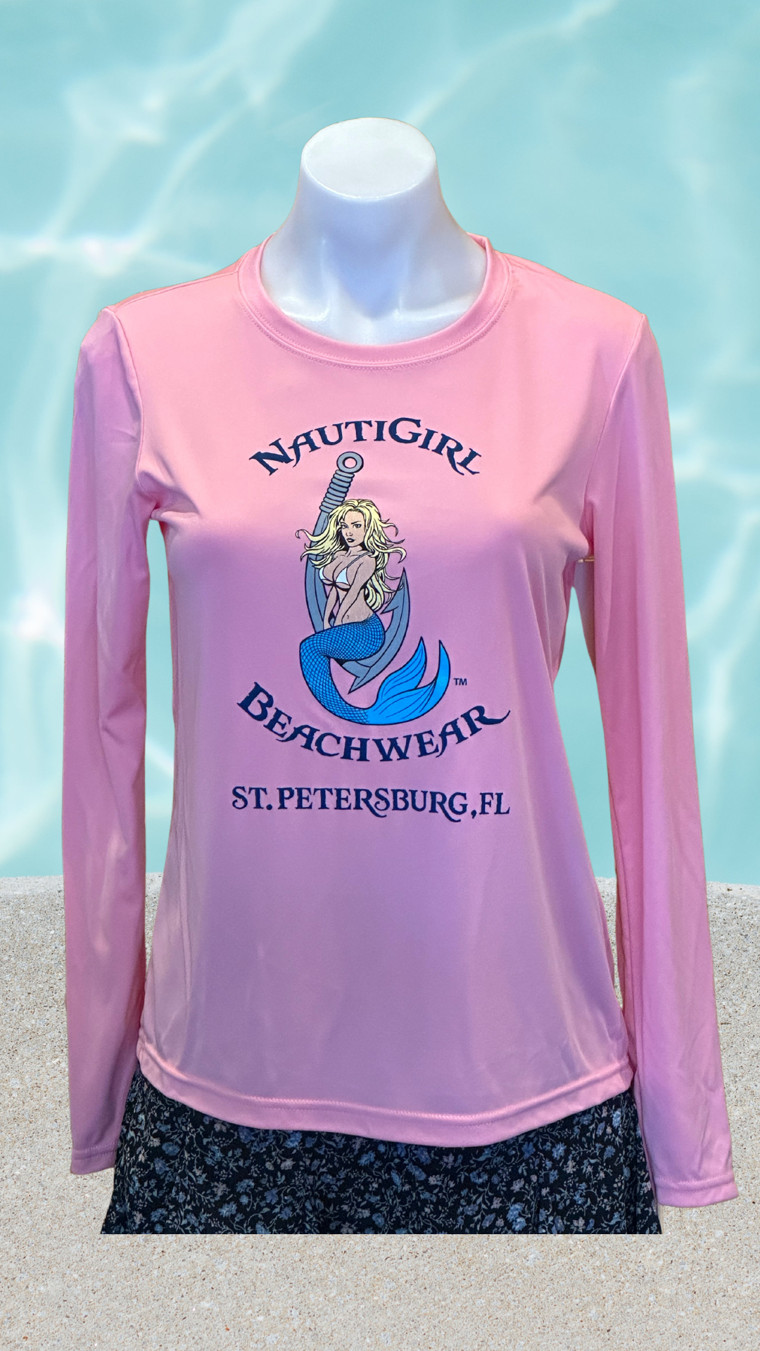 Women's Long Sleeve UPF Sun Shirt - Pink - Kaia Logo (Front) - Blue Text