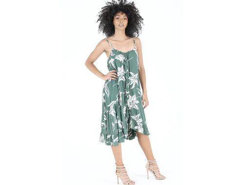 Midi Dress with Ruffle Front - Green