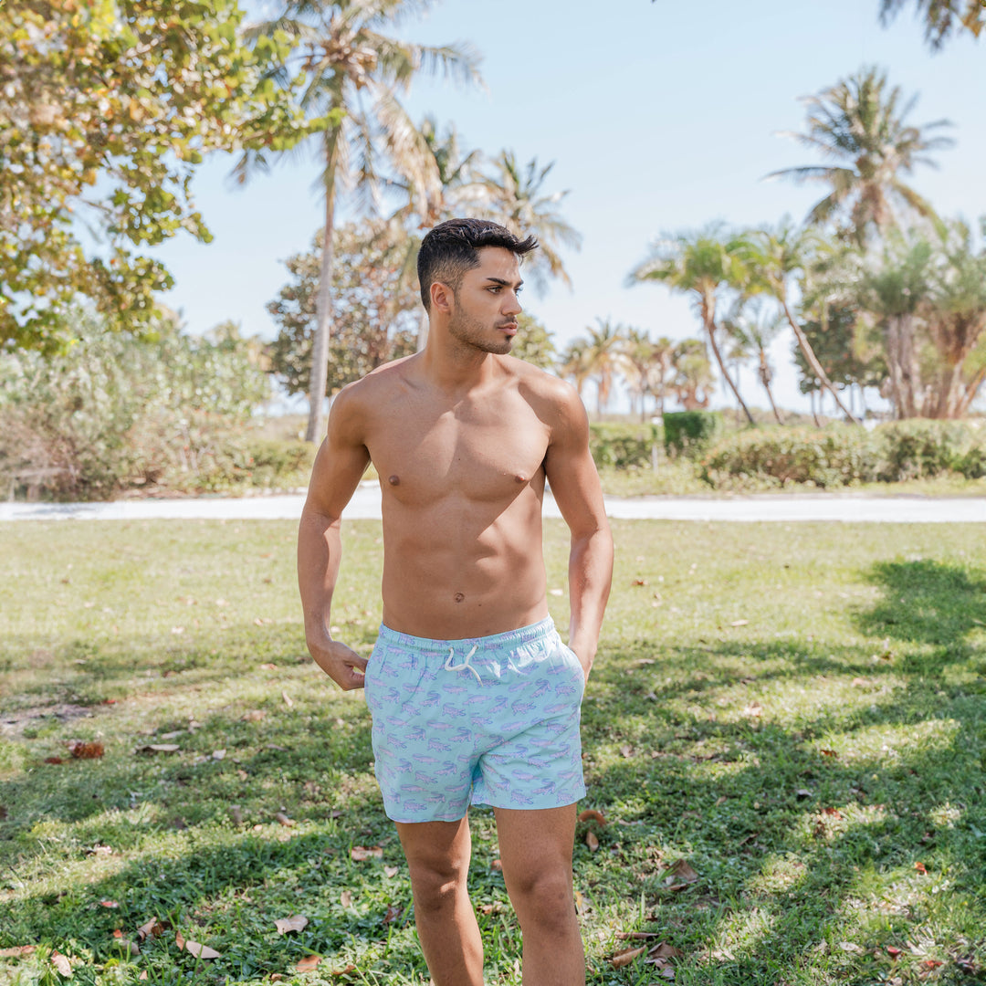 Classic Swim Shorts with Compression Liner - Green Crocodile