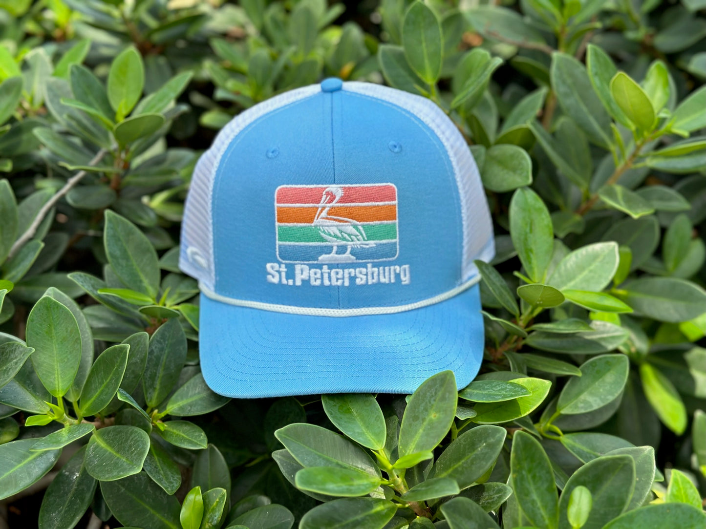 Snap-Back Trucker Hat - Carolina Blue/White/White Rope - Pastel Rainbow Pelican