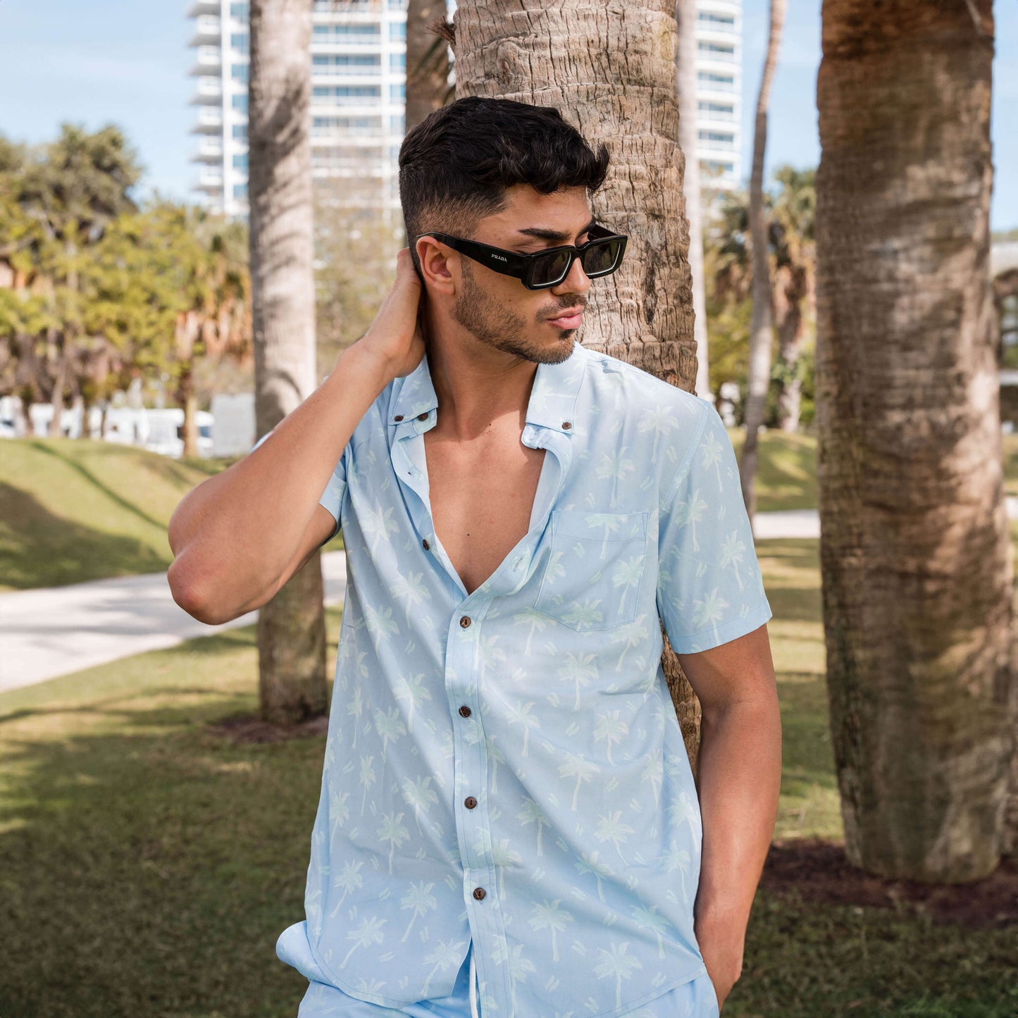 Rayon Stretch Short Sleeve Button-Down Shirt - Pastel Palms