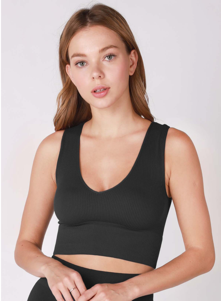 Plunge V-Neck Crop Top (One-Size) - Black