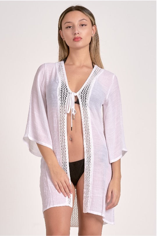 3/4 Sleeve Crochet Kimono Coverup - White