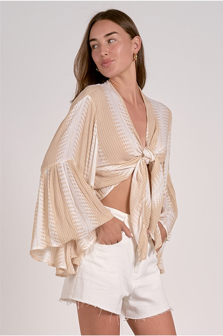 3/4 Bell Sleeve Tie Front Top - Tan White Kenya