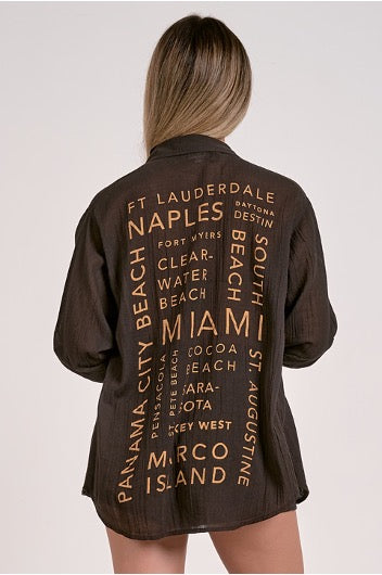 Long Sleeve Button-Down Shirt with Back Florida Beaches - Black