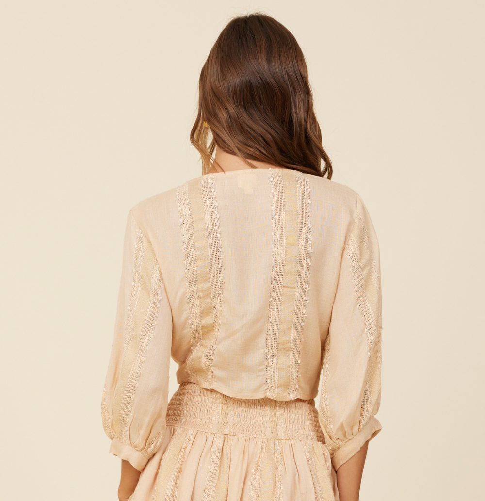Textured Tie Front Top + Pants Set - Cream Blush