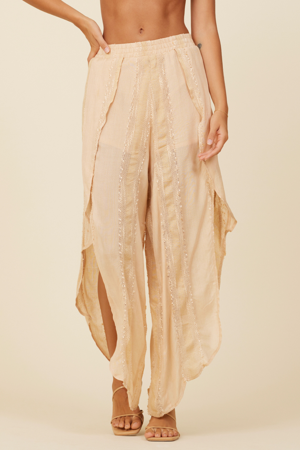 Textured Tie Front Top + Pants Set - Cream Blush