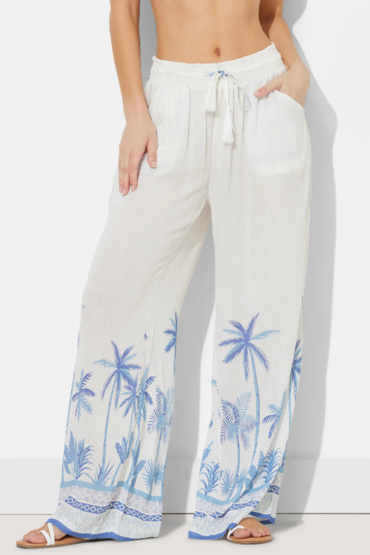 Wide Leg Rayon Crinkle Pants - White/Tonal Blue Palm