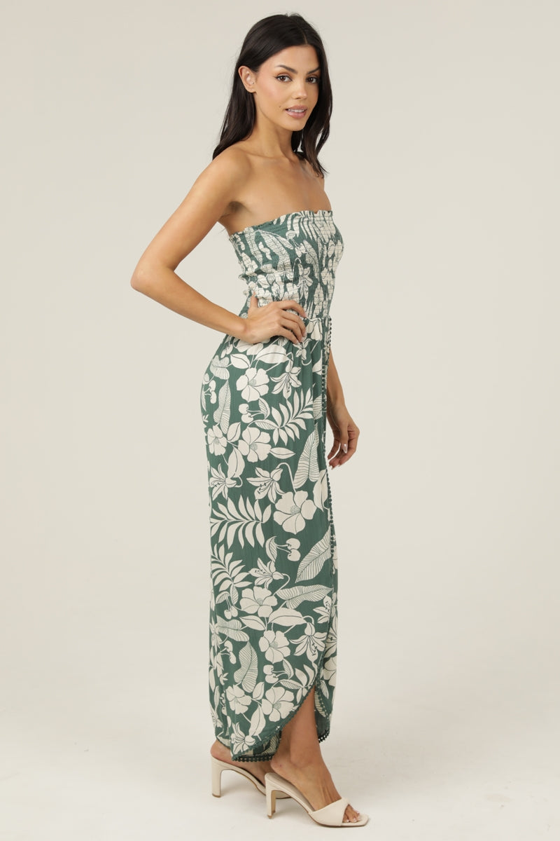 Strapless Smocked Bodice Wrap Leg Jumpsuit - Green Floral