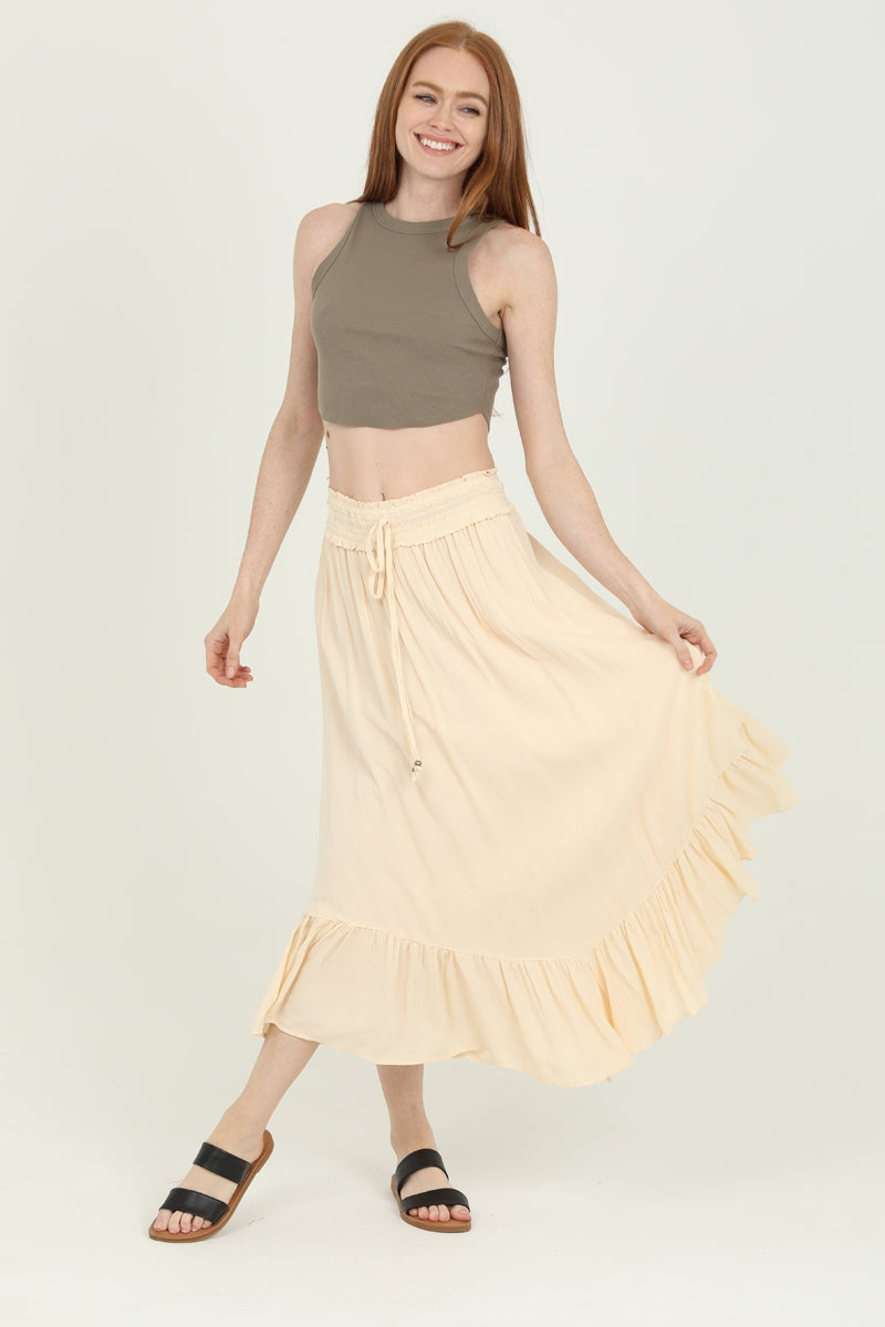 Smocked Waistband Maxi Skirt with Angled Hem - Ivory