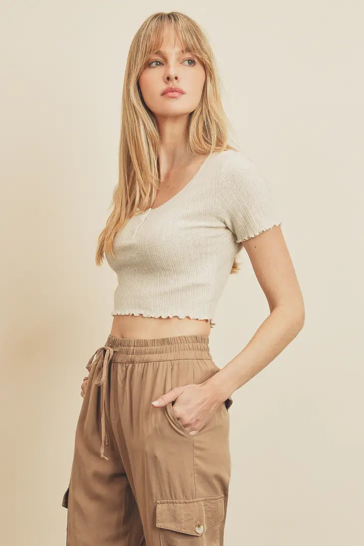 Scallop Edged Baby Henley Short Sleeve Tee - Ecru
