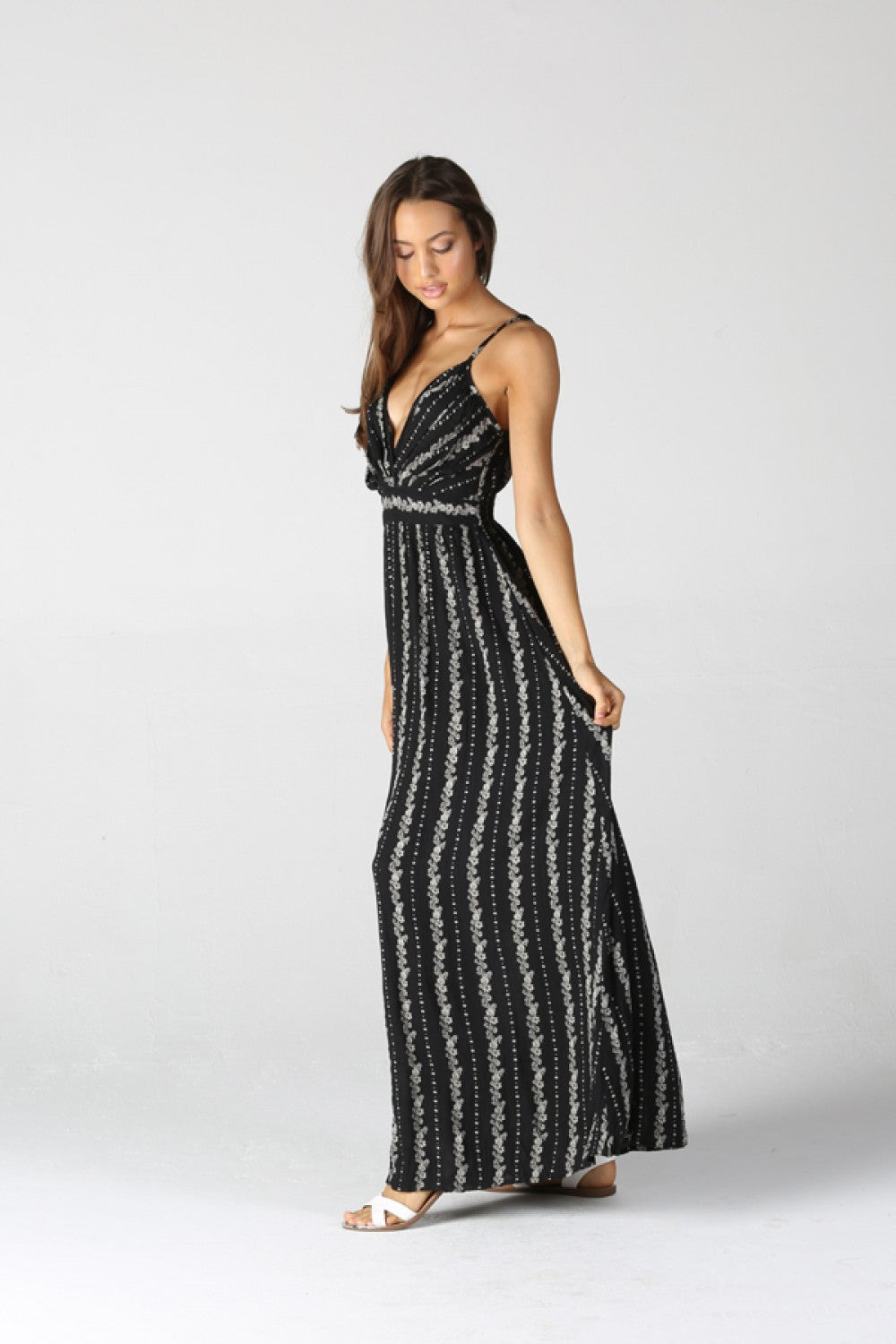 Spaghetti Strap Deep V-Neck Maxi Dress - Black