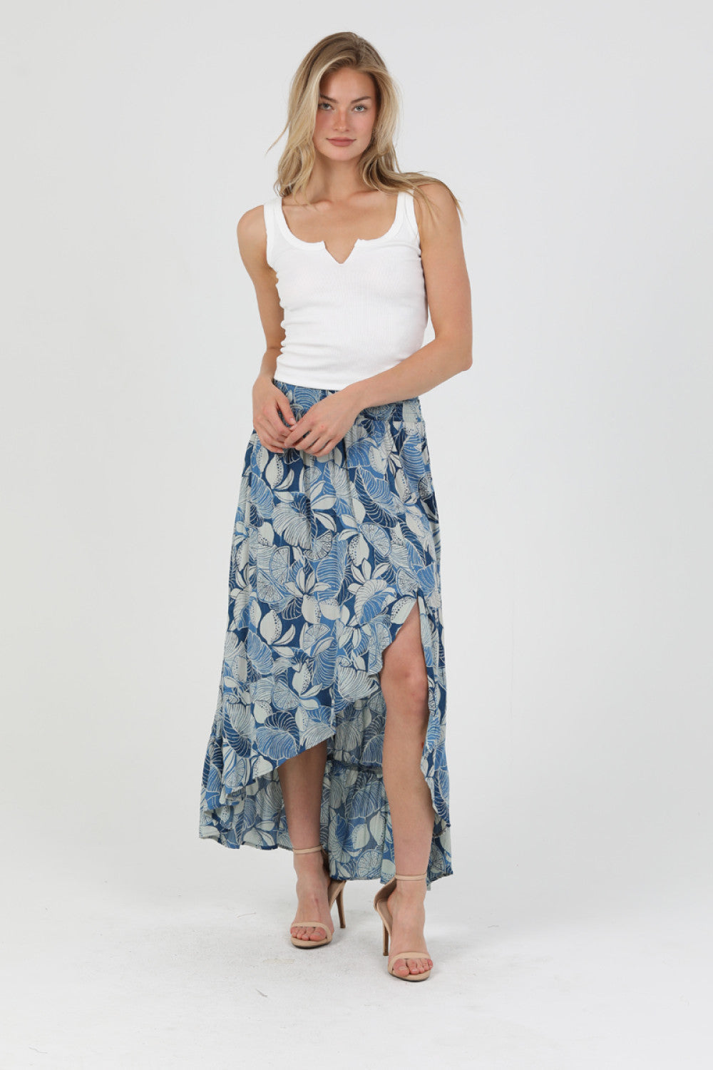 Ruffled Hem Maxi Skirt with Slit - Blue