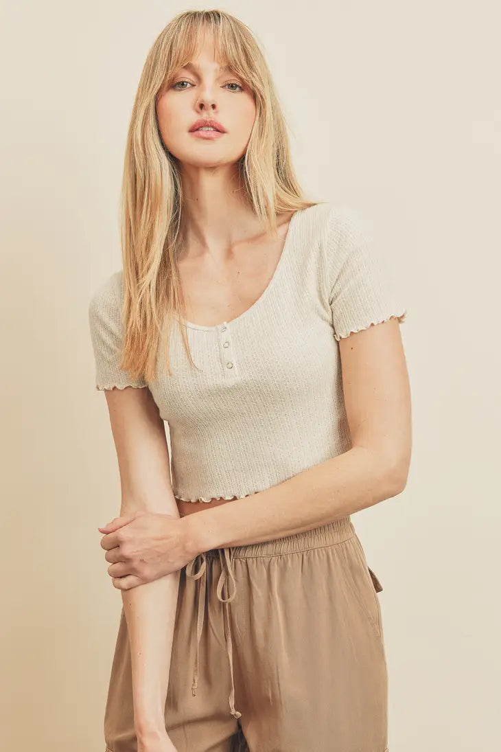 Scallop Edged Baby Henley Short Sleeve Tee - Ecru