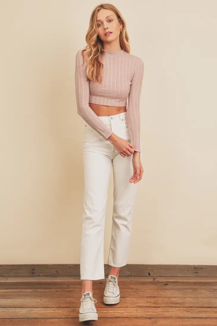 Long Sleeve Soft Knit Crop Top - Light Mauve