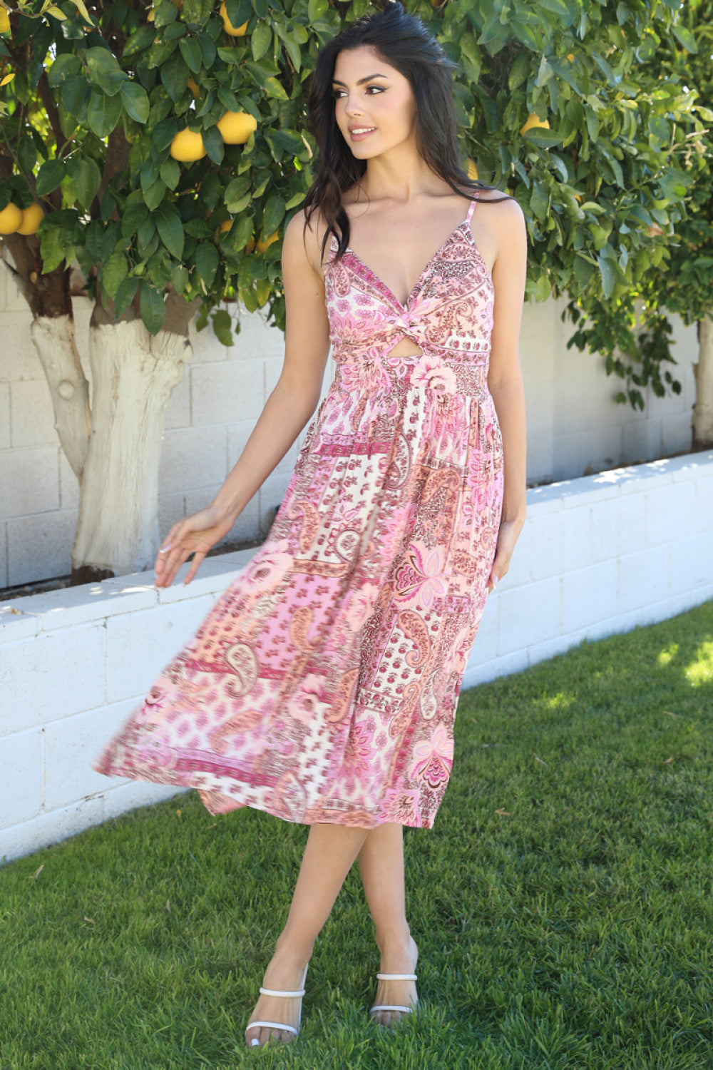 Spaghetti Strap Deep V-Neck Midi Dress with Twist Front - Pink Spaghetti Strap Deep V-Neck Midi Dress with Twist Front - Pink