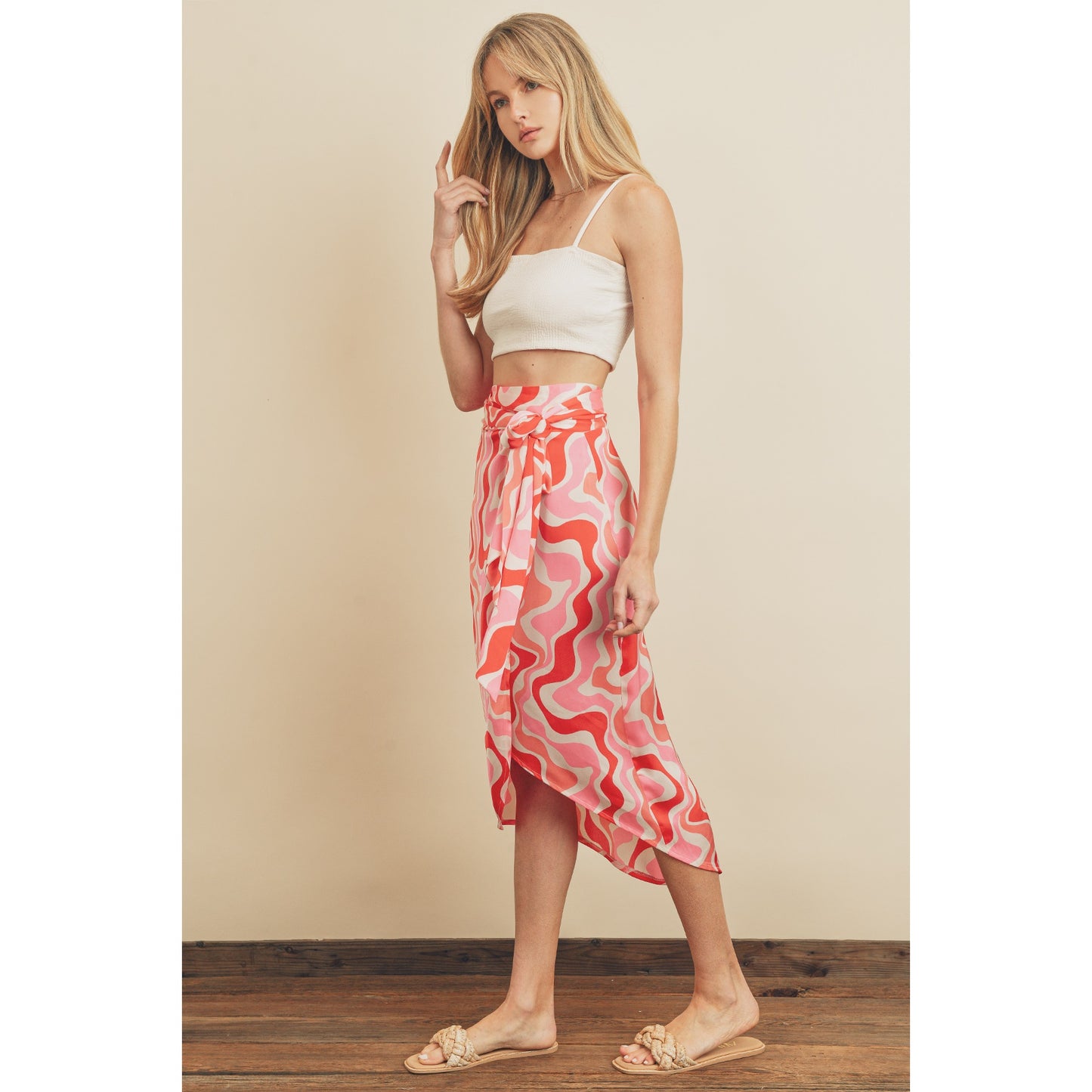 Groovy Tulip Wrap Midi Skirt - Coral/Red