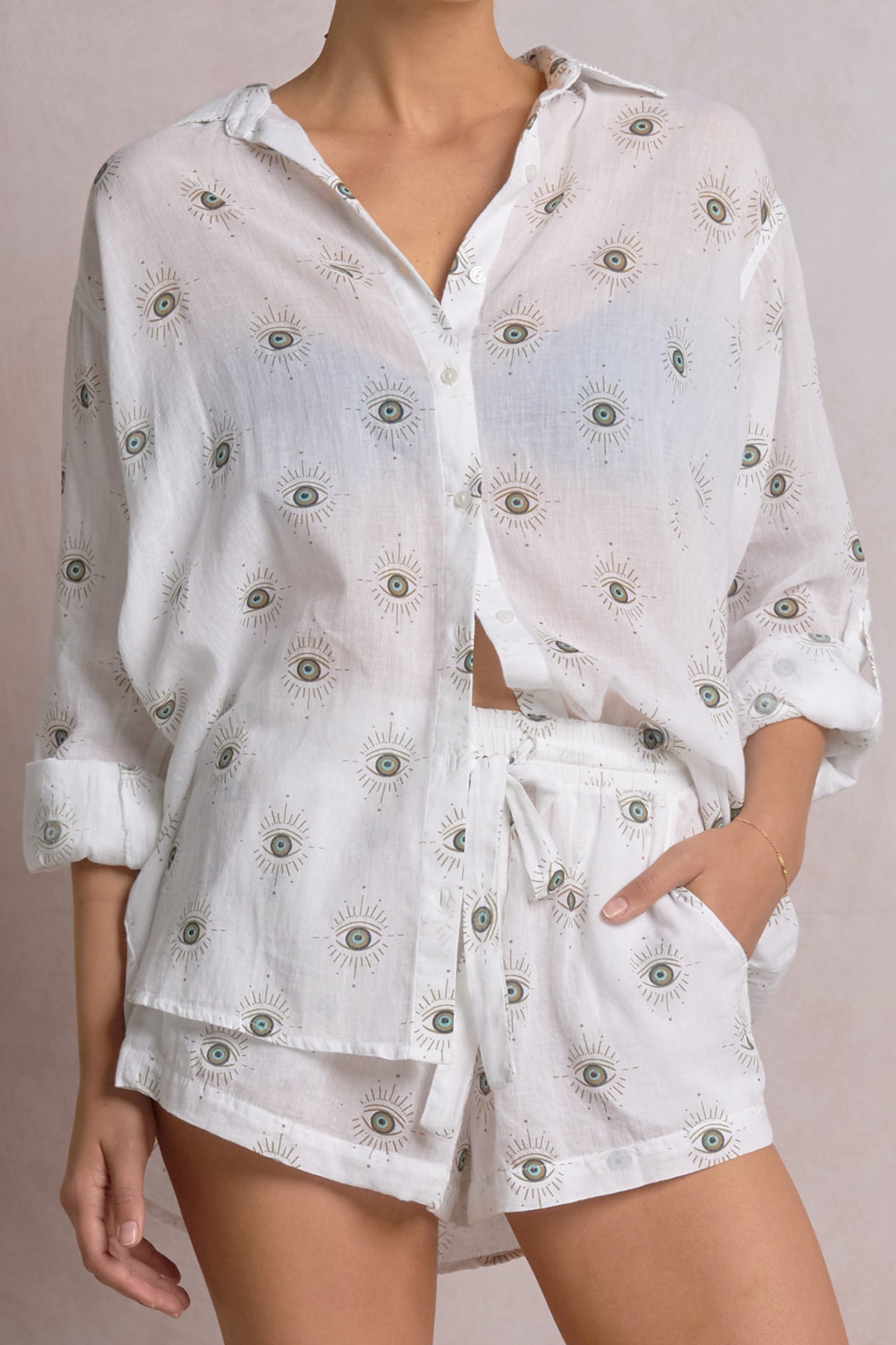 Long Sleeve Button-Down Shirt - White/Evil Eye
