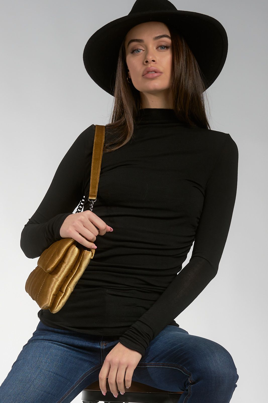 Long Sleeve Mock-Neck Ruched-Side Tee - Black