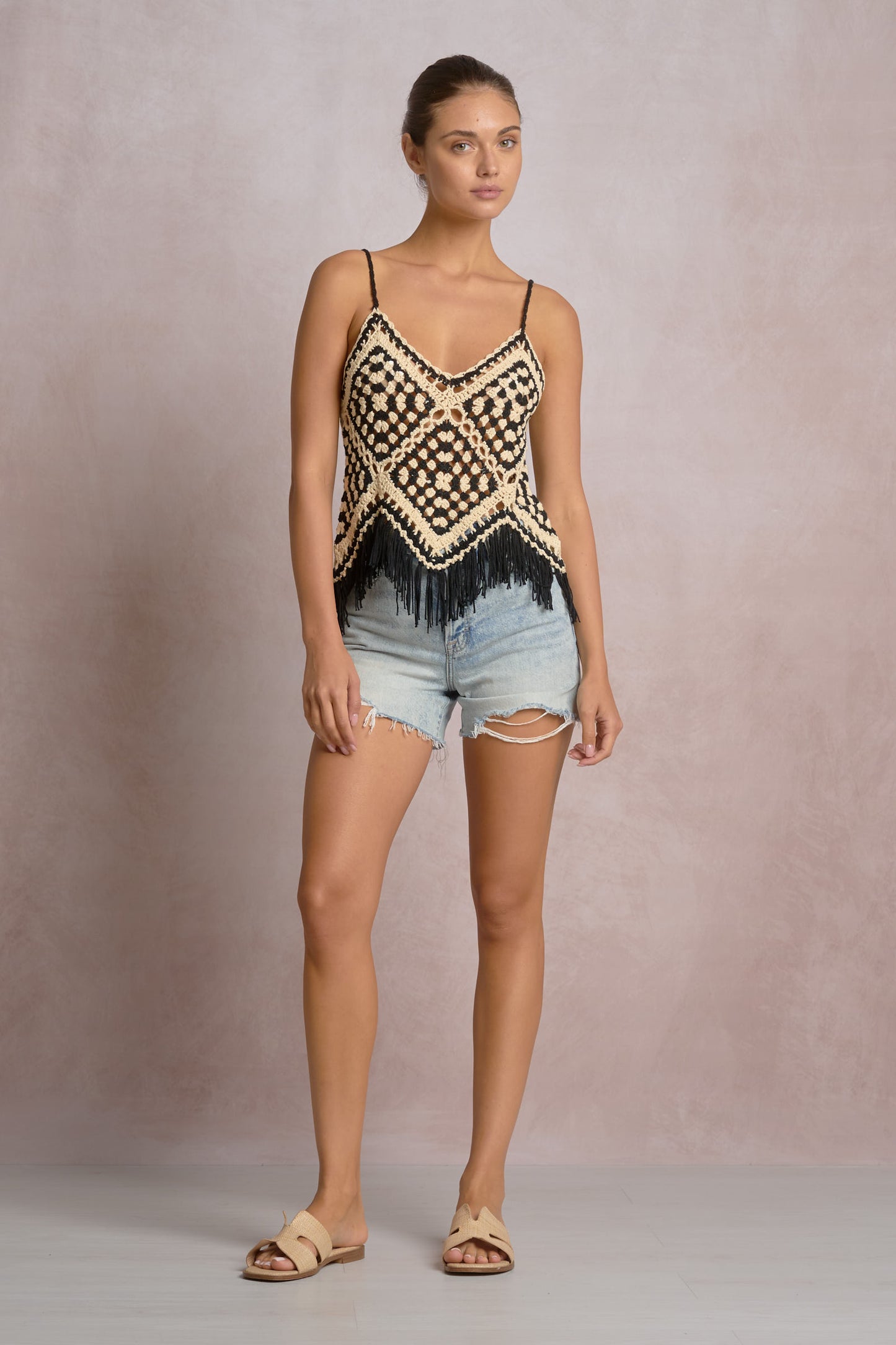 Crochet Tank Top with Fringe Bottom - Natural/Black